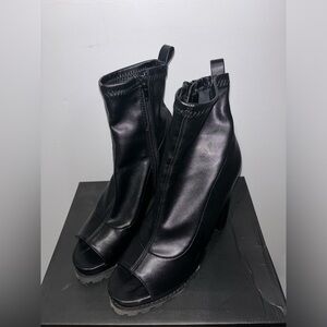 Black Leather Open-Toe Boots with Heel